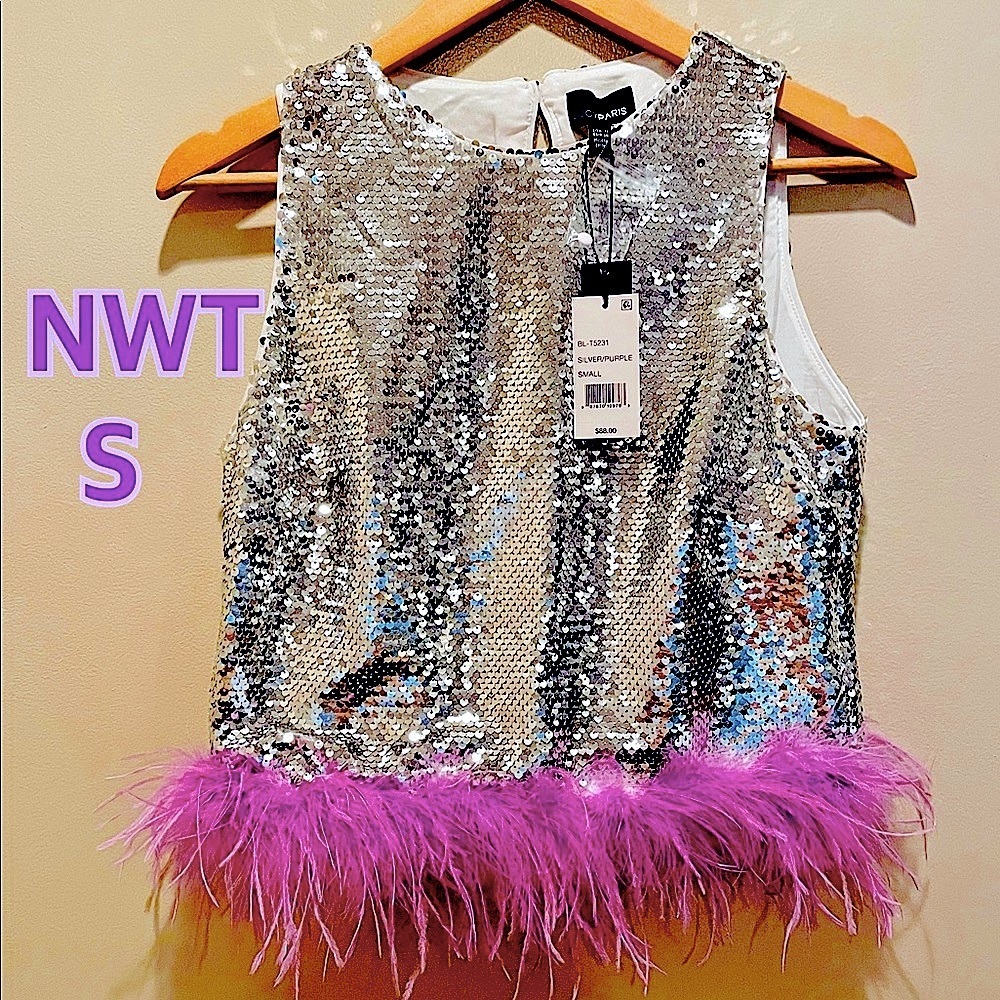 NWT silver sequin magenta purple ostrich feather ruffle roundneck Lucy Paris S
